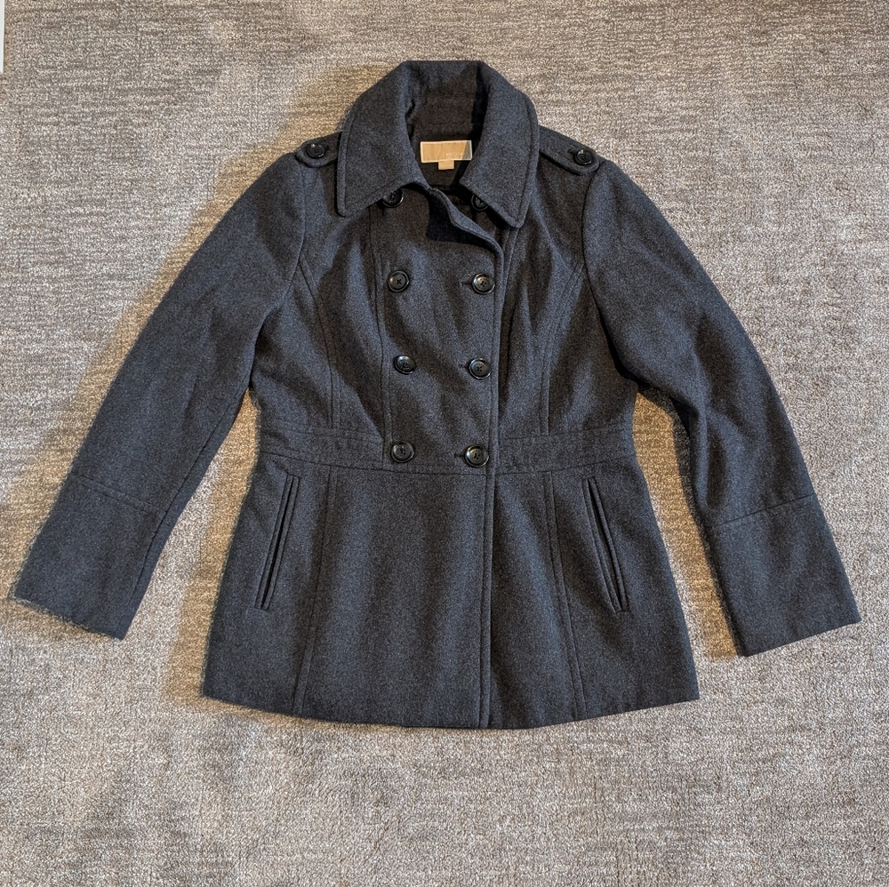 Michael Kors Women's Wool Blend Double-Breasted Gray Pea Coat - Medium